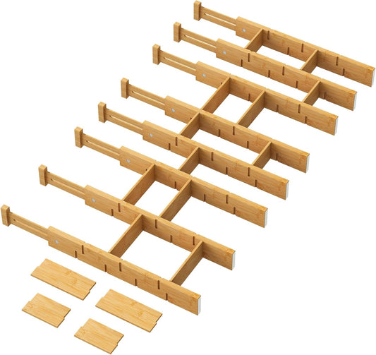 Bamboo Drawer Dividers - Adjustable Drawer Dividers for Clothes, Kitchen, Closet & Office - 8 Pack with Inserts, 18-22.6 Inches, Non-Slip Silicone Ends