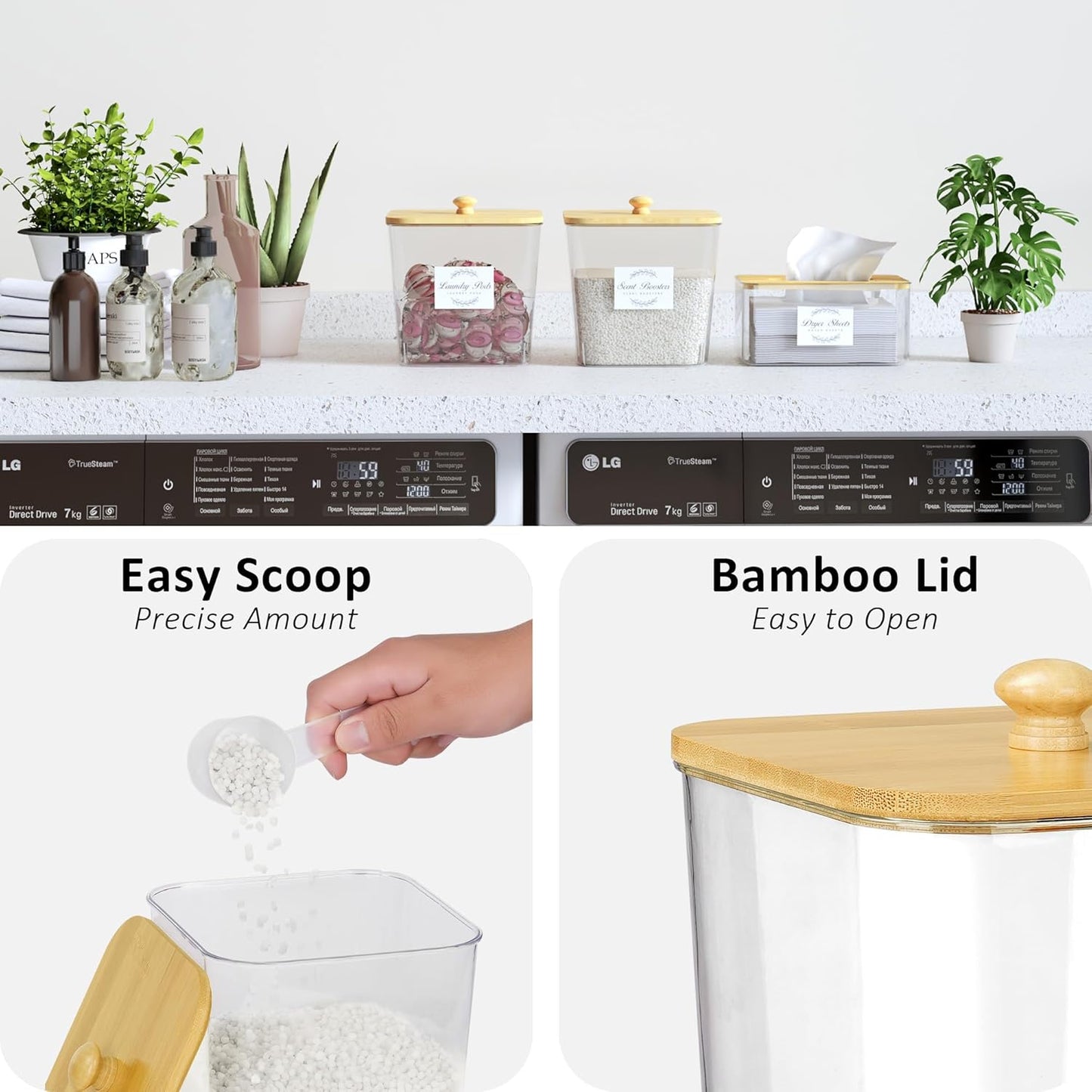 Laundry Room Organization and Storage, Laundry Pods Container and Dryer Sheet Holder with Bamboo Lids and Labels, Laundry Organizer with Scoops for Booster Beads, Powder, Pods, 2+1 Pack