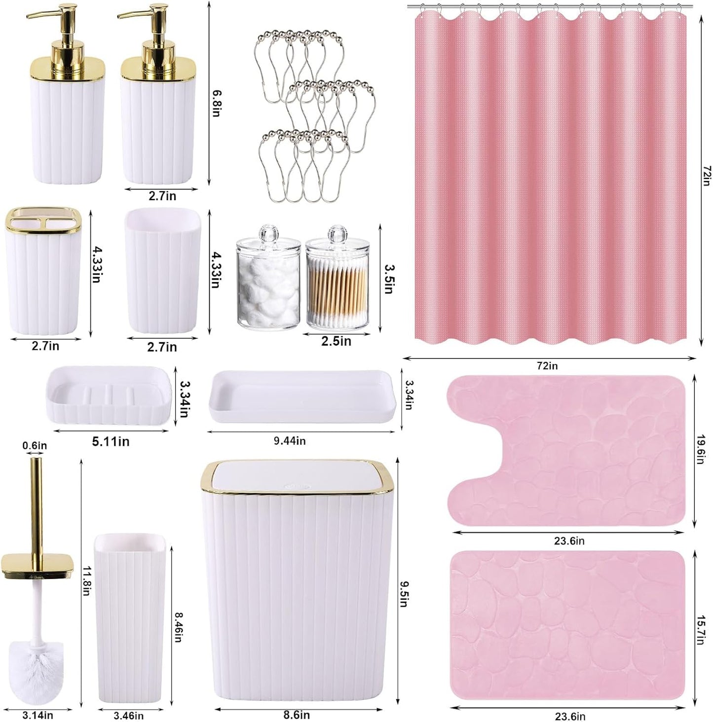 Bathroom Accessories Set- 25PC White Bathroom Set, Bathroom Set with Shower Curtain and Rugs, Pink Shower Curtain Set, Soap Dish & Trash Can