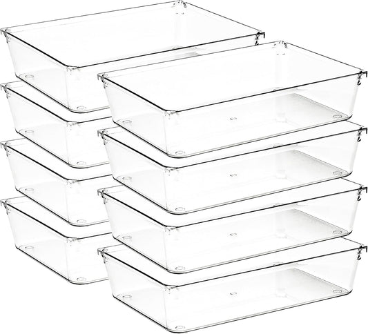 8 Pack Drawer Organizer - 6" X 9" Clear Acrylic Storage Bins with Non-Slip Pads, Versatile Desk Tray for Makeup, Jewelry, Kitchen, Bathroom, and Office Organization