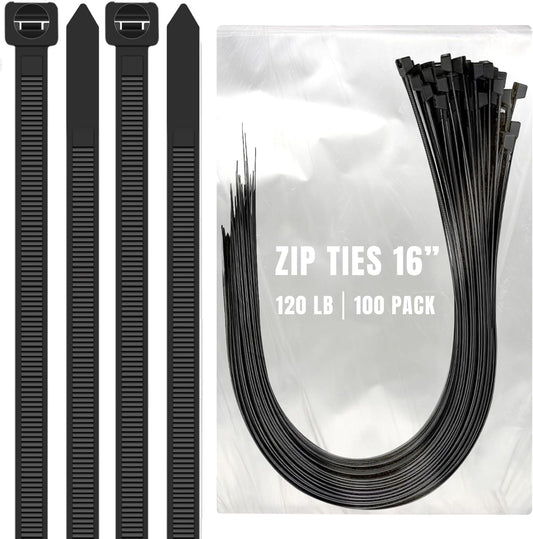 ALBO Black Zip Ties Heavy Duty 16 Inch Long 120lb - 100 Pack Plastic Cable Ties 0.3 Inch Thick UV Resistant Tie Wraps for Indoor and Outdoor Use