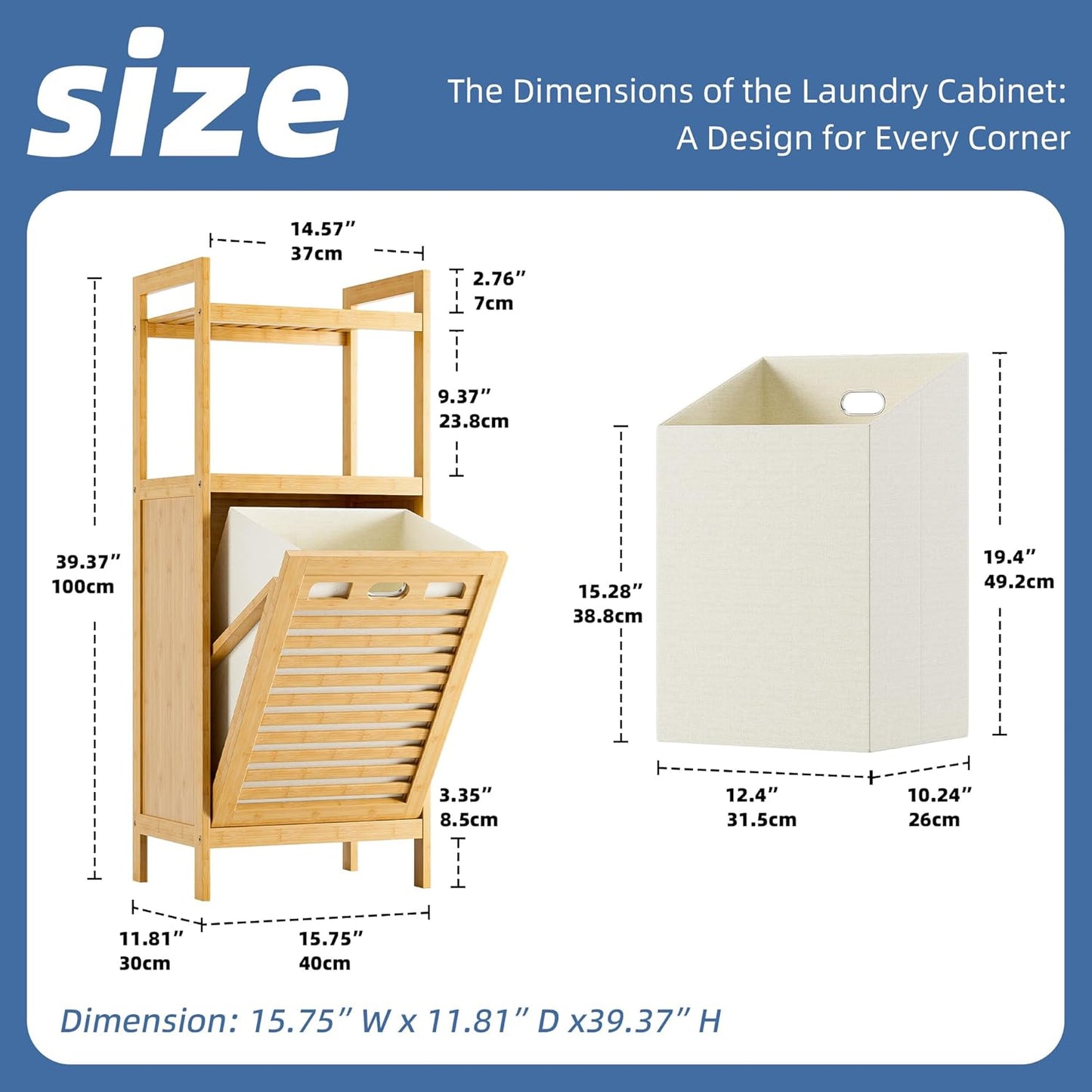 HITNET Tilt Out Laundry Hamper, Bamboo Laundry Basket with Foldable Bag and 2 Open Shelves, Freestanding Clothes Storage Organizer for Bedroom, Bathroom, Living Room, Natural
