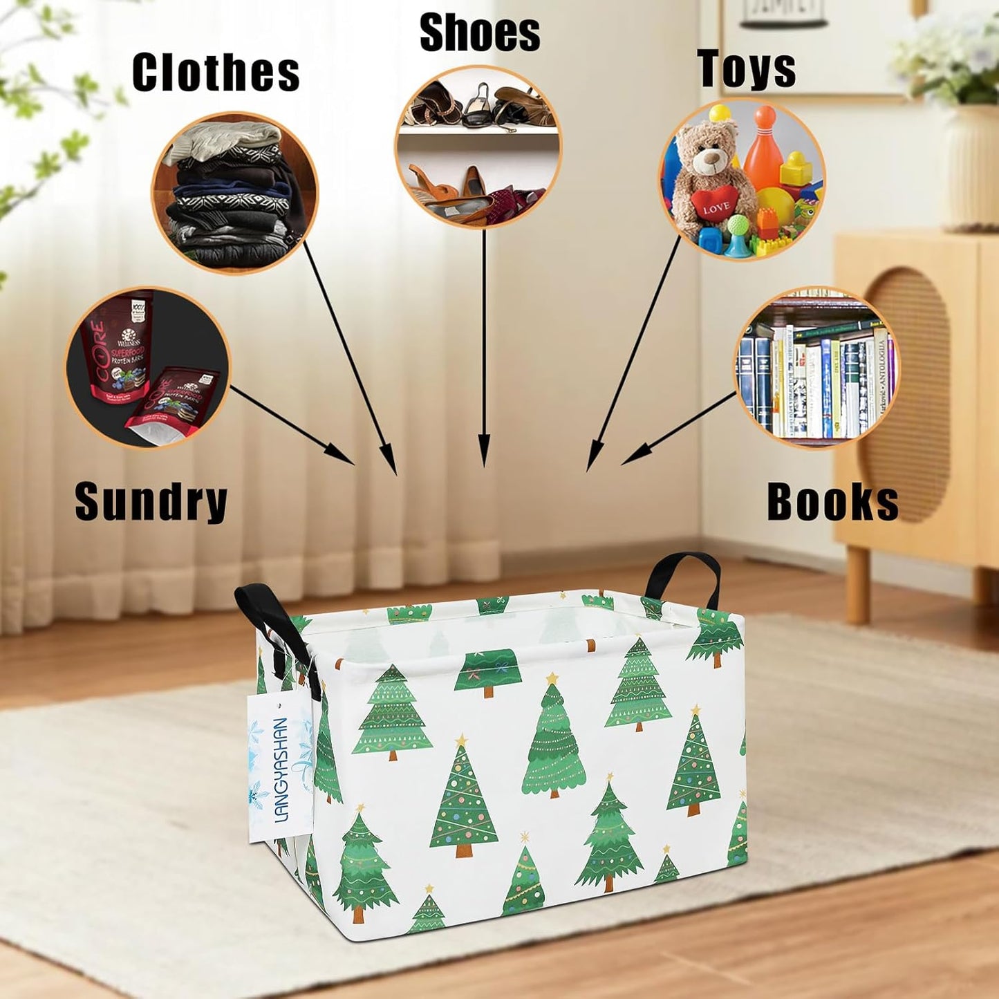 LANGYASHAN Rectangular Storage Bin Collapse Canvas Fabric Cartoon Storage Basket with Handles for Organizing Home Kitchen Boys and Girls Toys Office Closet Shelf Baskets (Rec christmas tree)