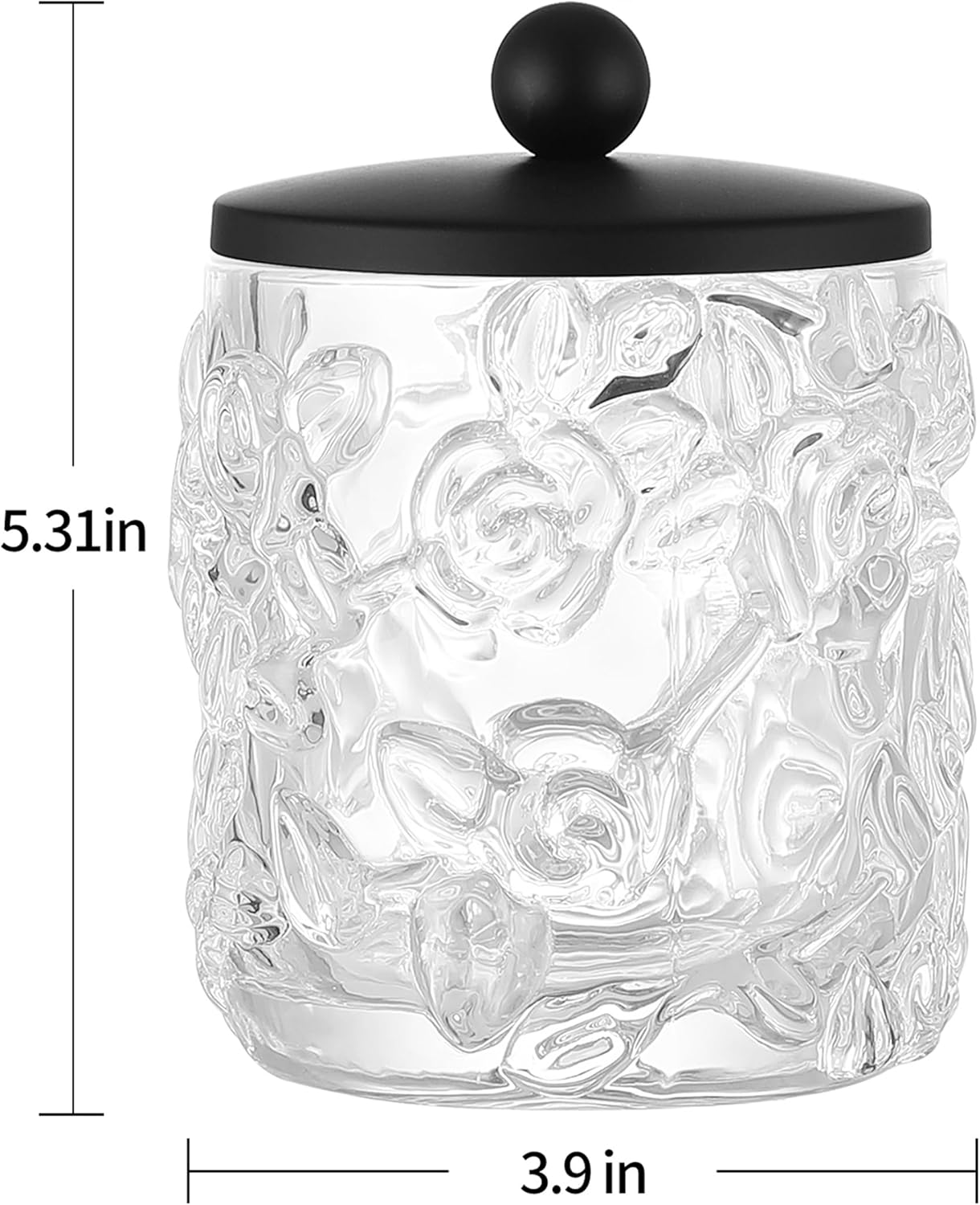 Clear Transparent Apothecary Floral Embossed Glass Jar With Matte Black Metal Lid Cover for Bathroom Organization, Cotton Balls, Q Tips, and Small Accessories, Bathroom Storage