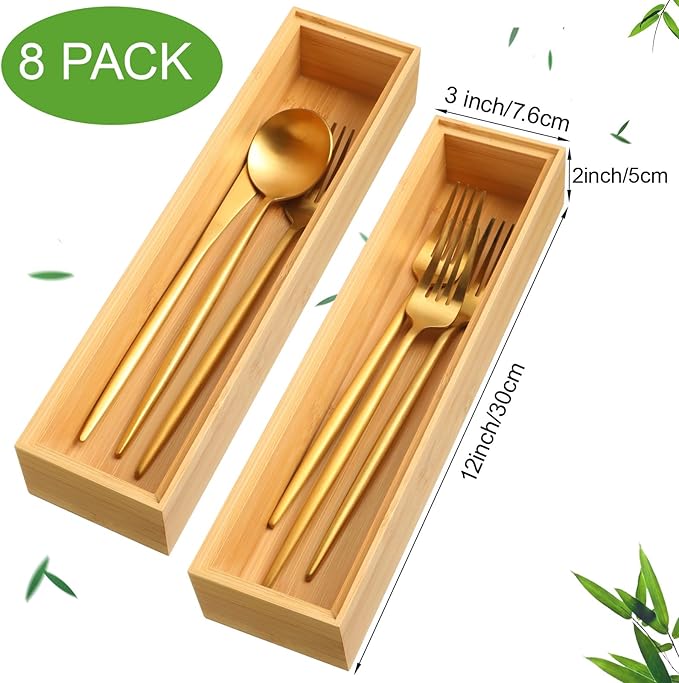 Kigley 8 Pieces Bamboo Drawer Organizer Kitchen Utensils Wooden Utensil Stackable Wooden Storage Box Bamboo Silverware Tray for Drawer(12 x 3 x 2 Inch,Wood)