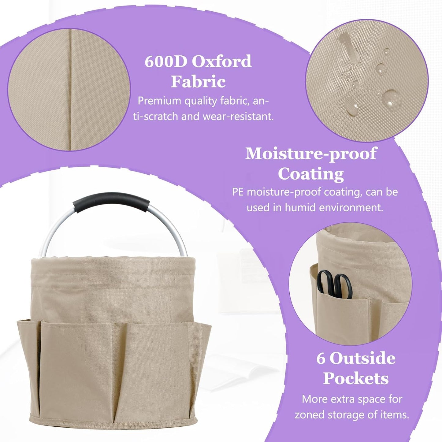 17L Cleaning Supply Caddy with Soft Handle, Portable Shower Caddy in 600D Oxford Fabric, Garden Tool Organizer Bag, Multifunctional Storage Basket for Bathroom, Garden, Khaki