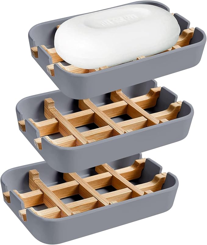 Aoheuo Modern Bamboo Fiber soap Holder and soap Dish Combination (Removable),5.12 Long by 3 Wide, 0.98 inches high, Used in Kitchens, bathrooms, and bar Sinks (Gray(3 Pack))