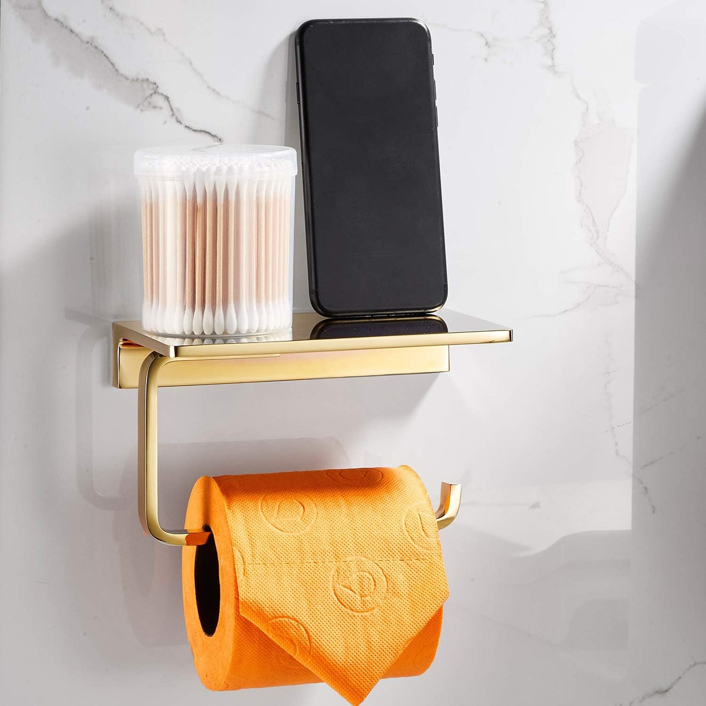 Toilet Paper Holder for Bathroom Solid Brass and Superior Hotel Style Tissue Roll Holder with Cell Phone Storage Gold Finish