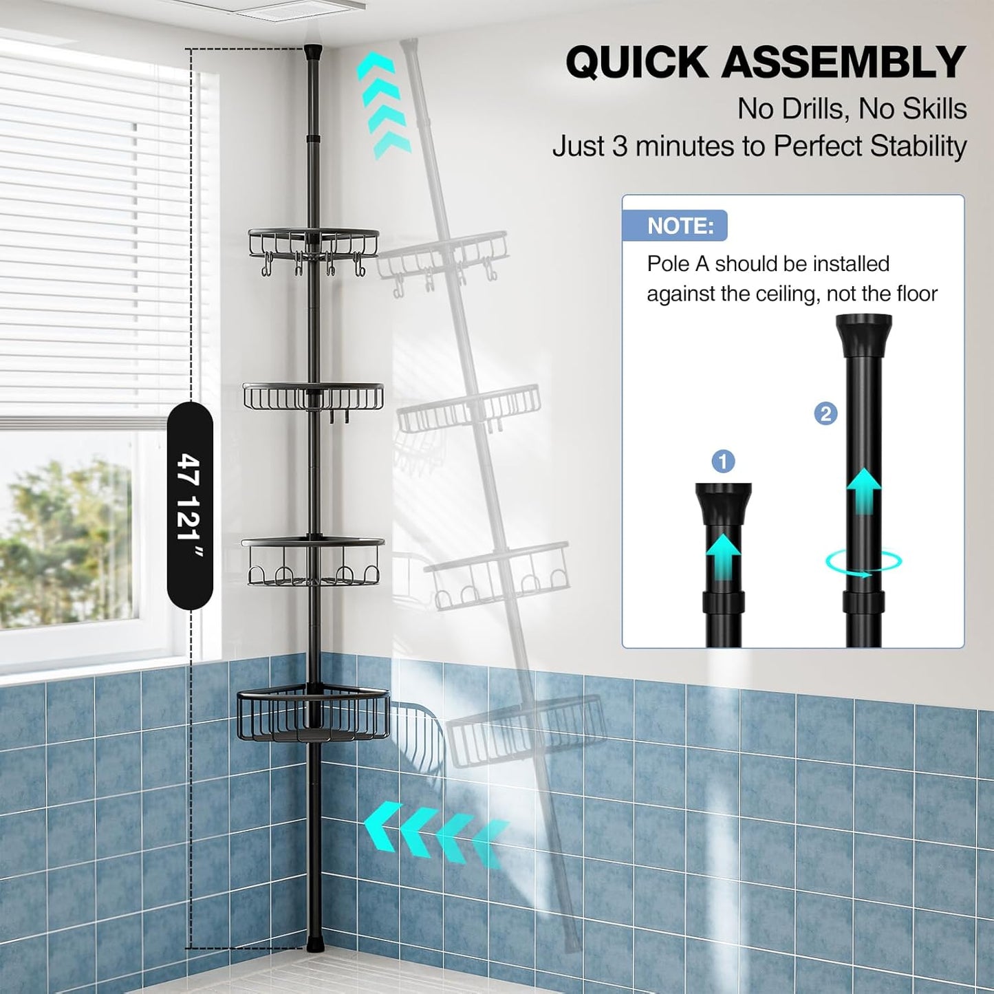Corner Shower Caddy Tension Pole: Stainless Steel Rustproof 4-Tier Shower Organizer - 47-121 inch Adjustable Bathroom Shelves for Bathtub Shampoo Storage - Tension Rod Floor Standing Bath Rack - Black