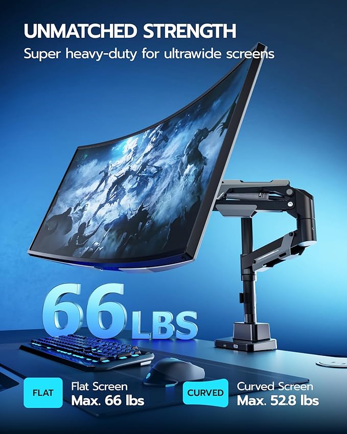 ARES WING Single Monitor Mount with USB, Ultrawide Monitor Arm for 24 to 57 Inch Heavy Duty Curved Screen, Adjustable Gas Spring Monitors Arm Stand up to 66LBS with 75/100/200 Vesa Mount, Black