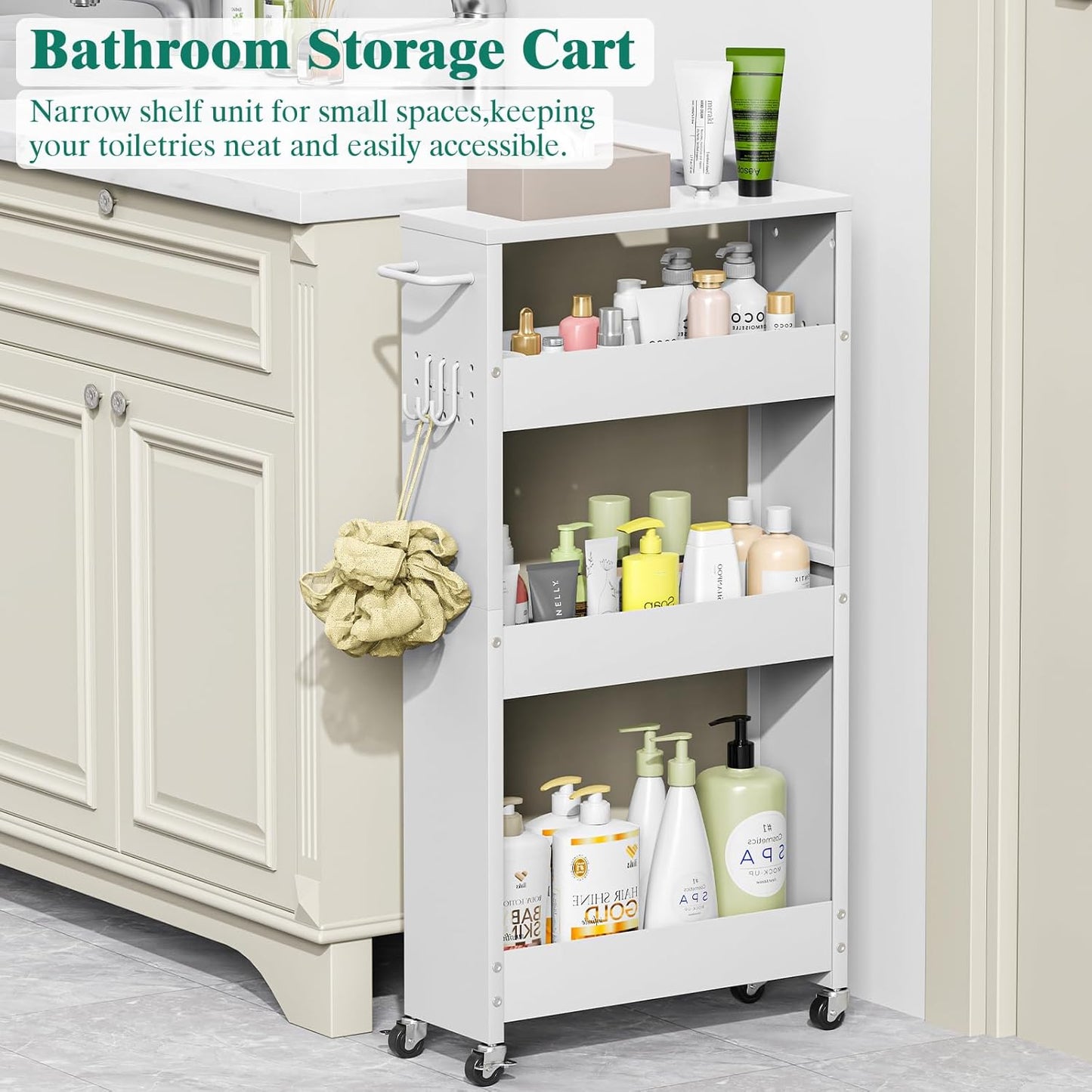 Slim Storage Cart, 4 Tier Rolling Kitchen Cart on Wheels for Small Space, Narrow Laundry Bathroom Organizers Mobile Shelving Unit Metal Utility Cart with Handle, 5.9in Width, White