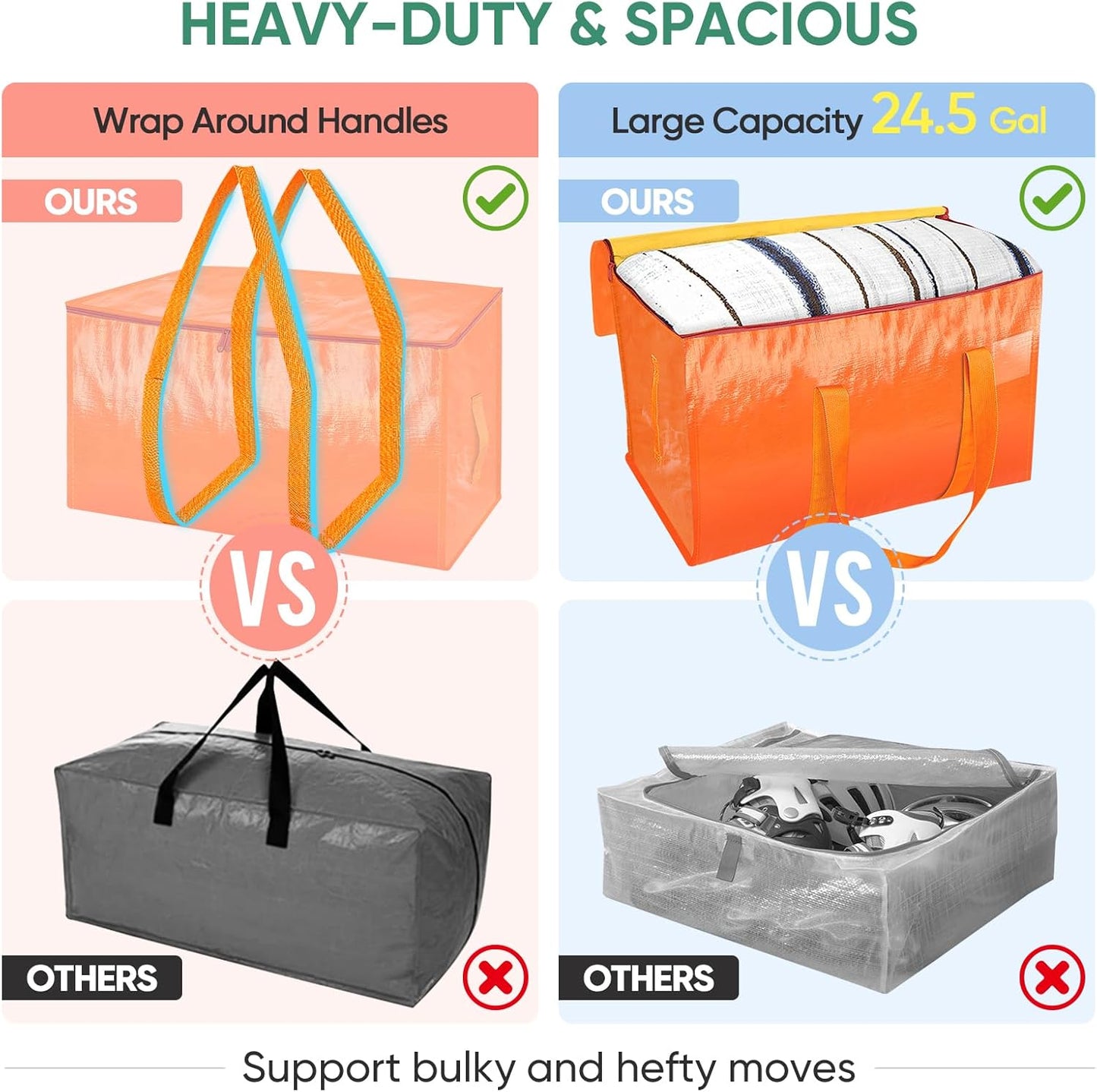 BALEINE 6-Pack Oversized Moving Bags with Reinforced Handles, Heavy-Duty Storage Tote for Clothes, Moving Supplies (Orange, 6-Pack)