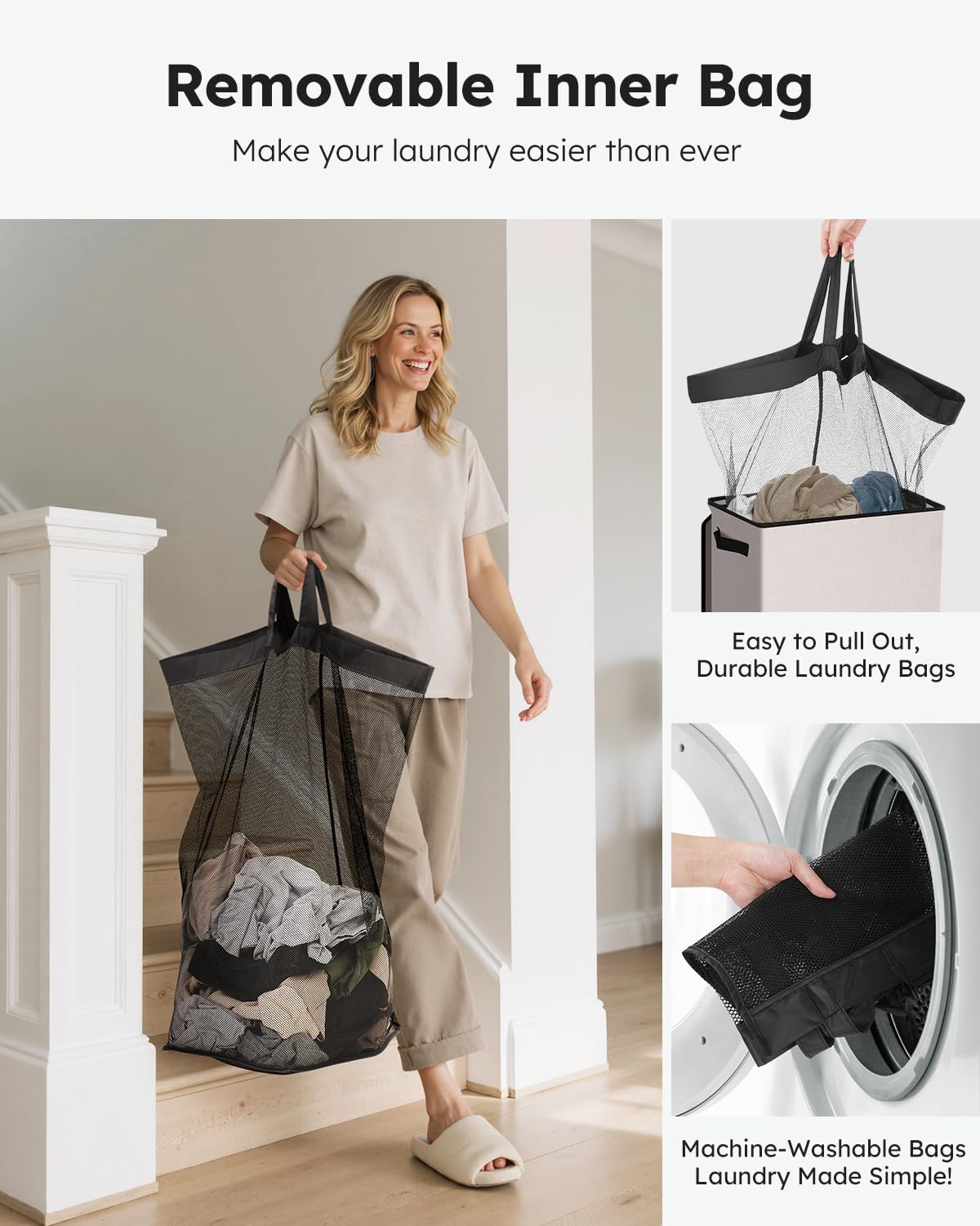 SOLEDI Laundry Hamper with Lid 100L Large & Tall Collapsible Laundry Basket, Clothes Hamper with Bag Removable Easy to Carry, Dirty Hampers for Bedroom, Bathroom, Dorm, College,Light taupe