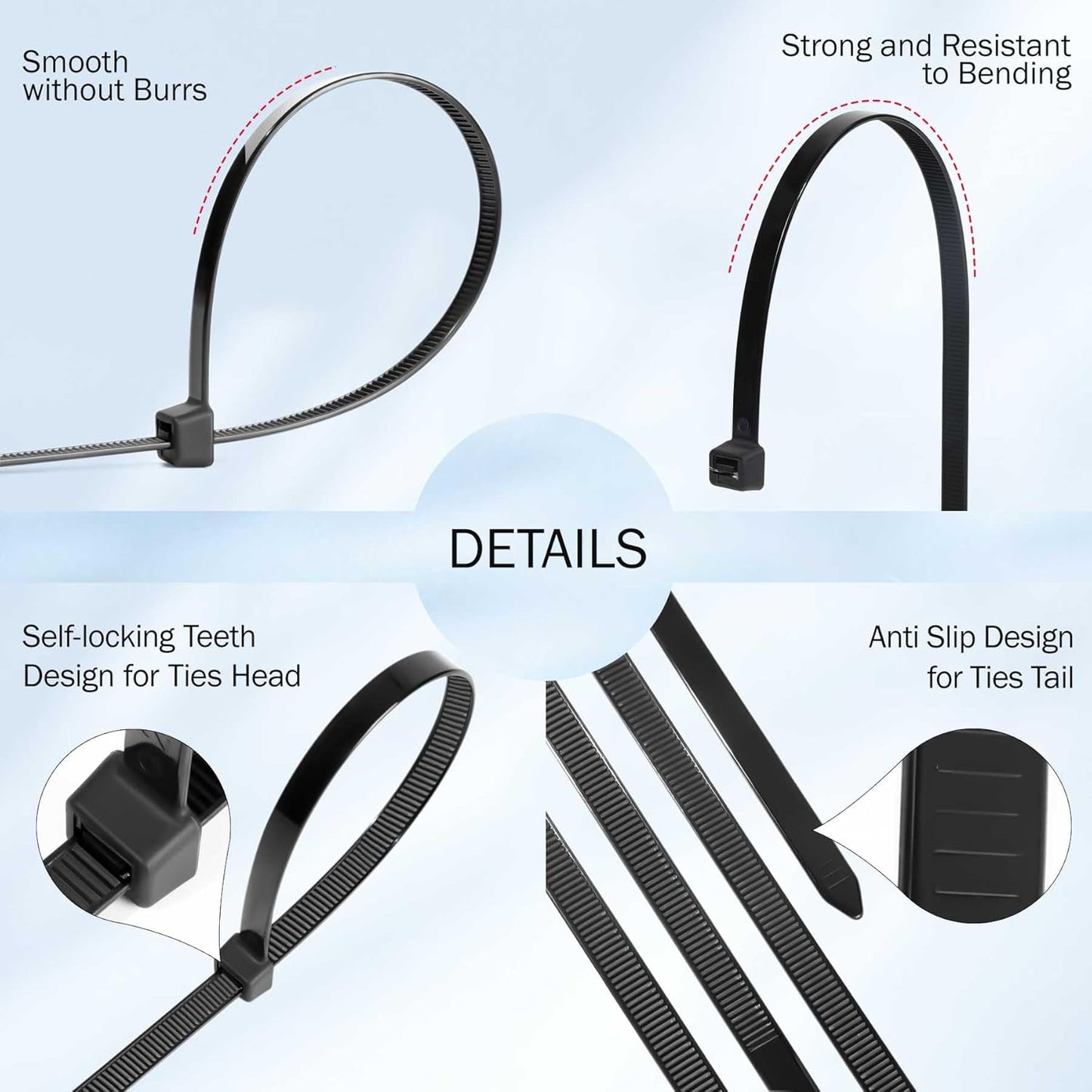 Cable Zip Ties 8 Inch Strong Black Assorted Cable Ties 100 Pack, 120 LBS Tensile Strength Heavy Duty Zip Ties, Multi-Purpose Self-Locking Cable Cord Management, Wire Ties for Indoor and Outdoor