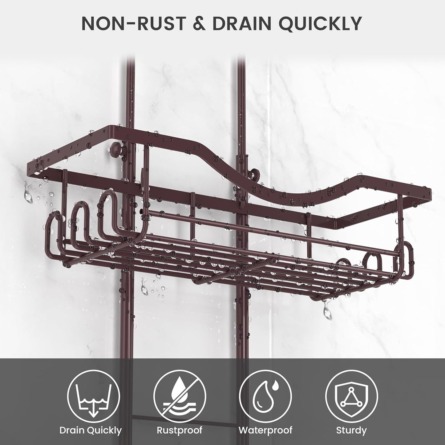 REINHARDT Shower Caddy Hanging Adjustable, Extended Length Rustproof Showers Caddy Over Showerhead with Hooks Soap Holder, Large Capacity Shower Organizer Anti-Swing Bathroom Organizer, Bronze