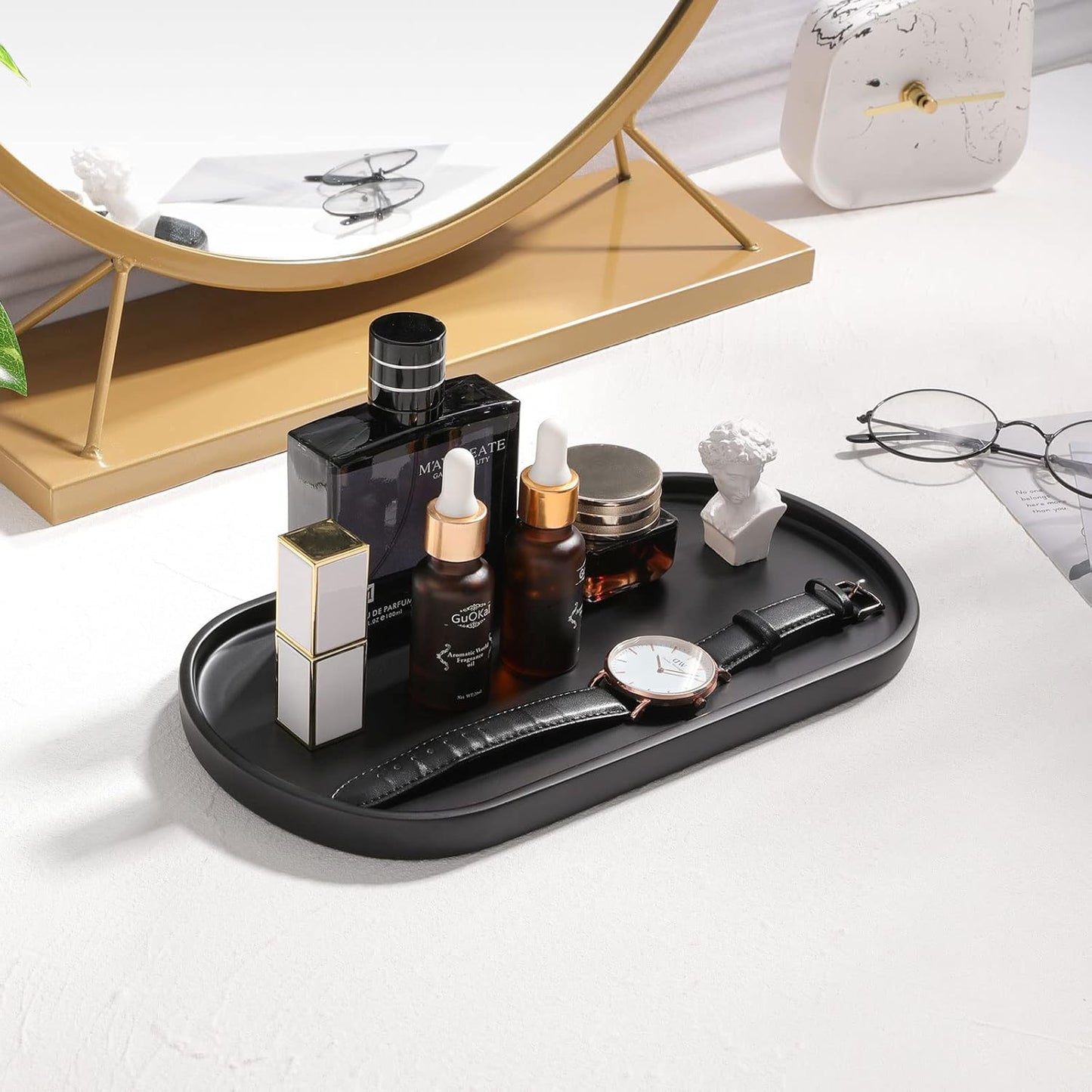 Luxspire Matte Black Oval Vanity Tray, Resin Material, Medium Size, Toilet Organizer, Plant Tray, Decor