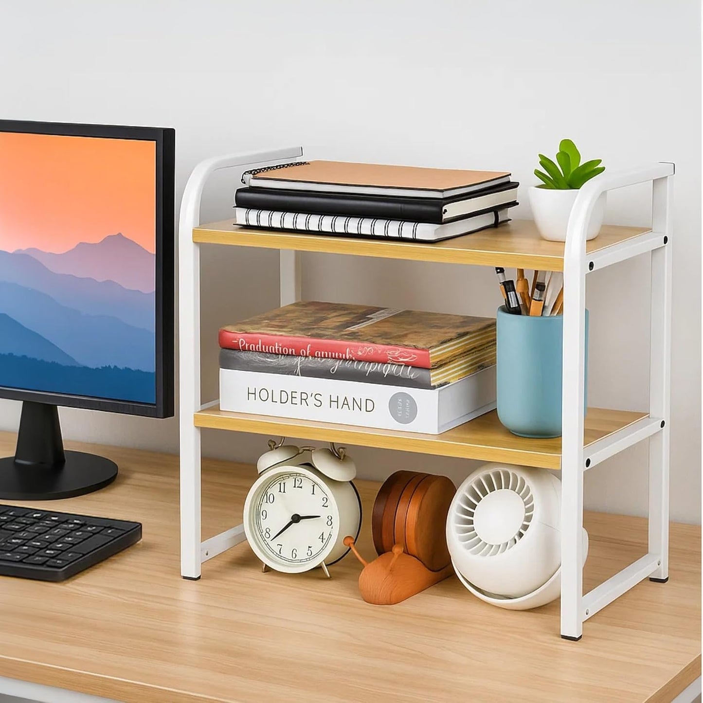 Desktop Shelf Organizer, 2-Tier Office Desk Shelf for Top of Desk, Wood & Metal Bookshelf Supplies Storage Rack (White&Walnut)