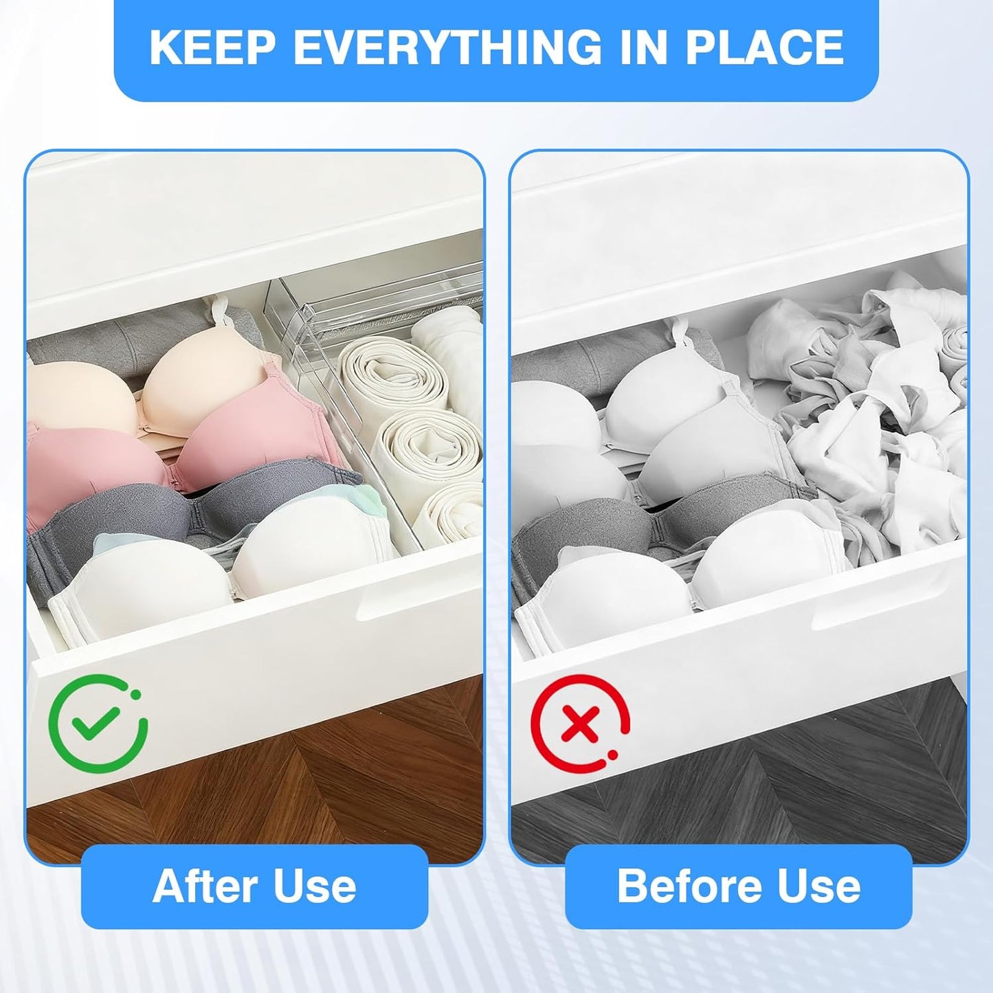 4Pack Drawer Dividers for Clothes, 4" High Adjustable Expandable Dresser Drawer Organizer, Clear Plastic Separators for Dresser, Underwear, Cosmetic, Toiletries