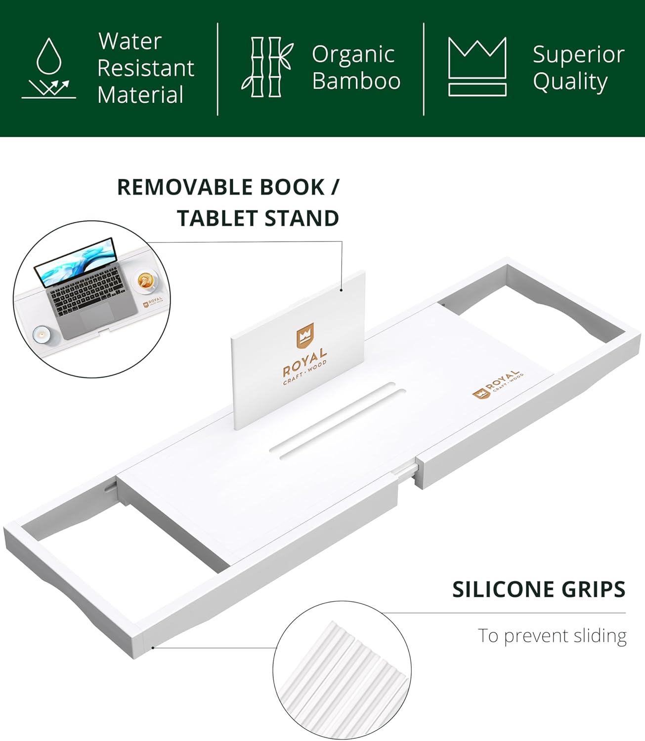 ROYAL CRAFT WOOD Premium Bathtub Tray - Expandable Bath Tray for Tub - Luxury Bathtub & Bathroom Accessories