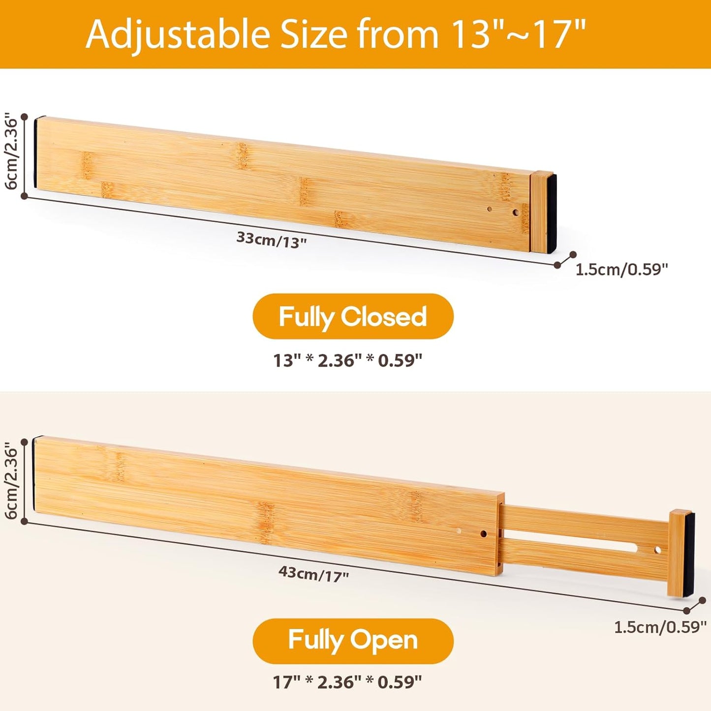 Bamboo Drawer Dividers Organizers, Kitchen Drawer Dividers for Clothes, Adjustable Drawers Separators for Dresser, Bedroom, Bathroom, Office, 4 Pack, 13“-17”