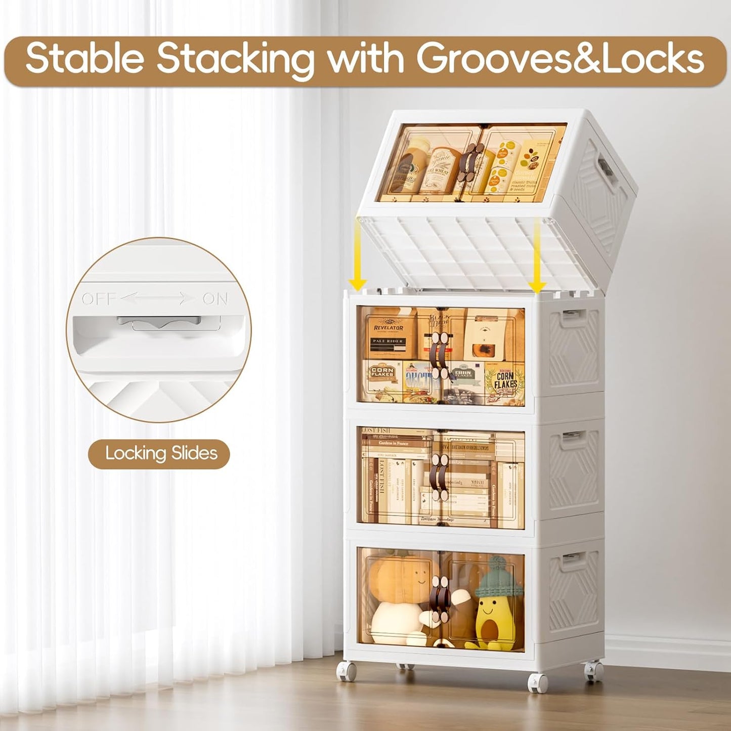 JEKO&JEKO 247Qt Stackable Storage Bins with Lids and Wheels, Foldable Collapsible Plastic Boxes for Clothes, Home, White, 4 Pack