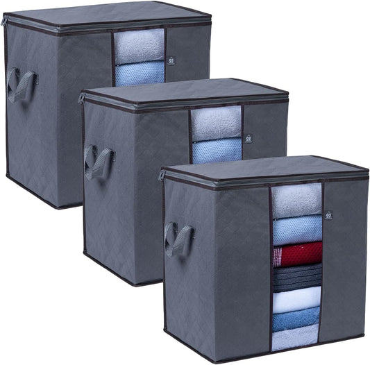 VENO 3 Pack Clothes Storage Bag Organizer with Reinforced Handle Thick Fabric for Comforters, Blankets, Bedding, Foldable with Sturdy Zipper, Clear Window, Reusable (Tall 24 Gallon)