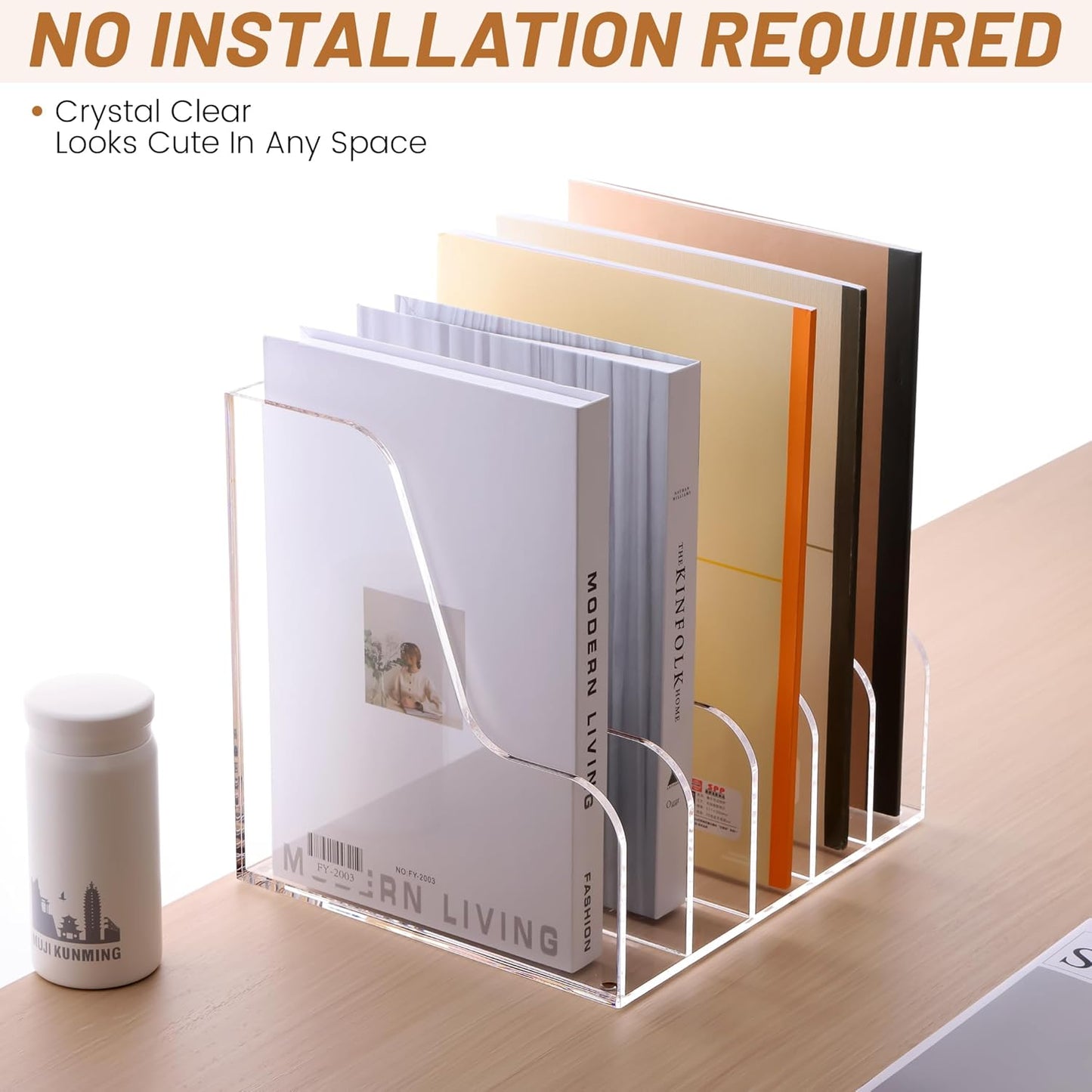 SANRUI Acrylic File Organizer, Compact Desk Organizer for Folders, Binders, Notebooks, Envelopes, Clear Magazine File Holder, 5 Section Bookshelf for School Home Office Organization, A4