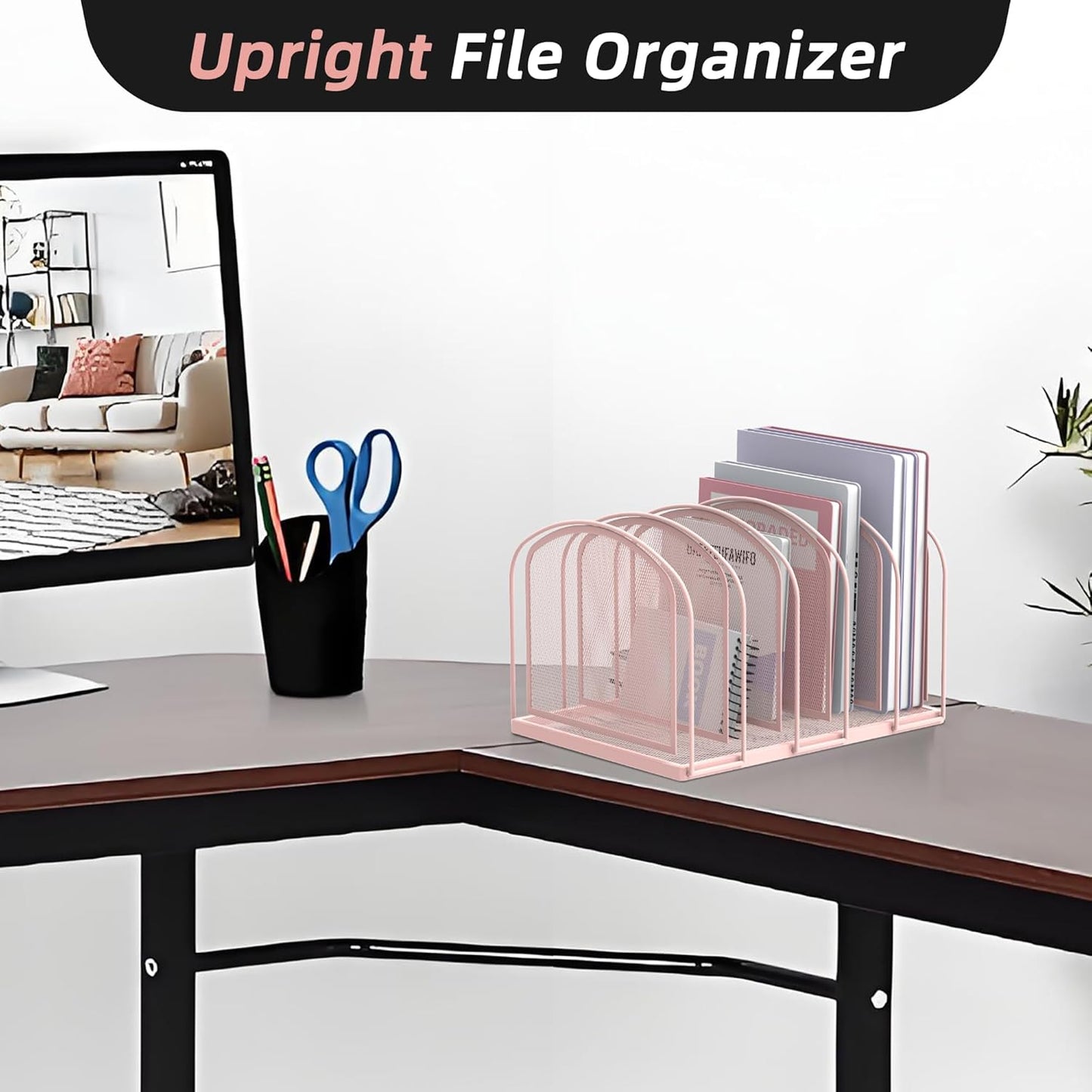 SUPEASY File Organizer - 5-Section Mesh Desktop File Sorter, Upright File Folder Holder for Office Supplies, Pink