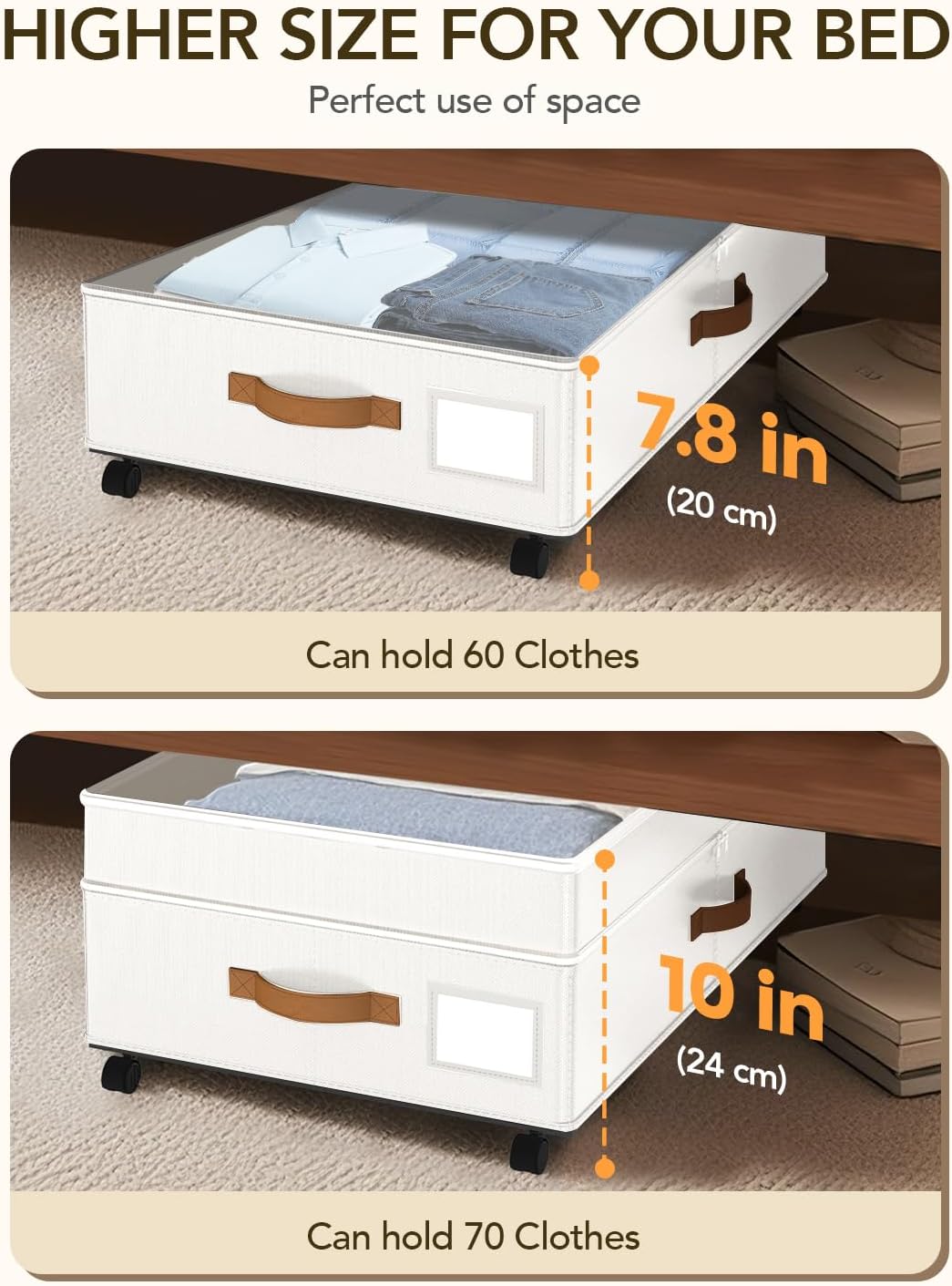 Under Bed Storage with Wheels, 10 inches Under the Bed Storage Containers Large, 65L XXL Adjustable Storage for Underbed with Lids, Rolling for Shoes, Clothes, Blankets, White