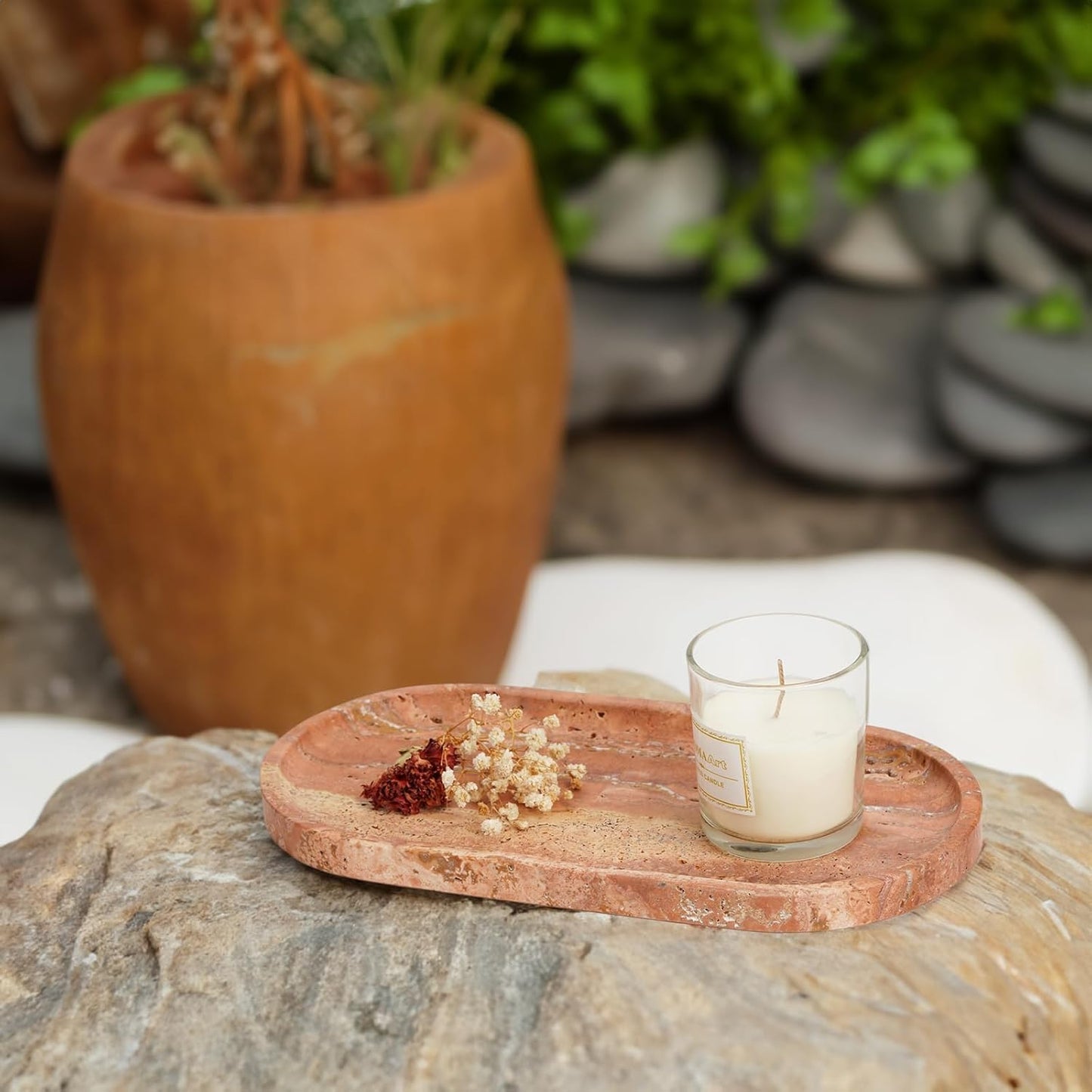 Koville Turkish Natural Travertine Tray, 12"x6" Vanity Decorative Marble Wabi Sabi Decor for Home, Countertop Organizer, Catchall for Perfume, Candles, Jewelry Dish