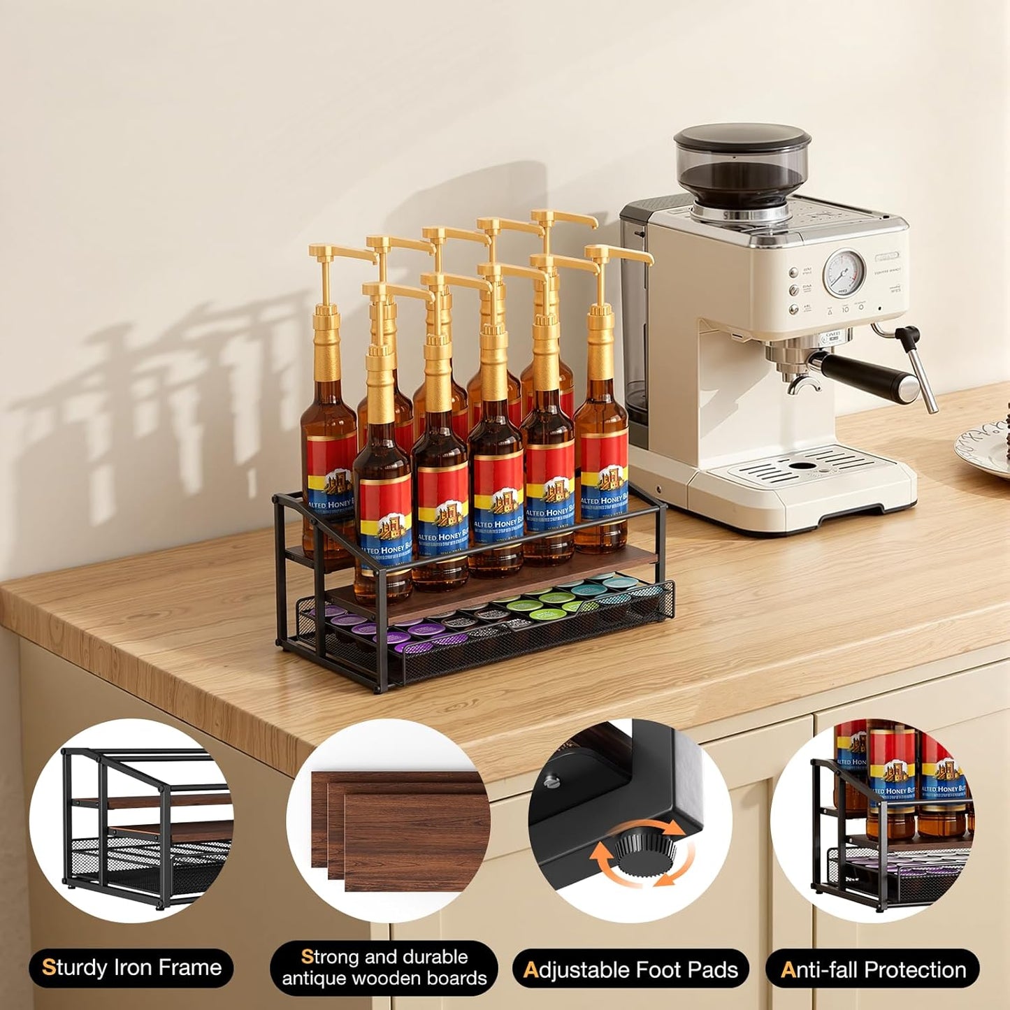 Coffee Syrup Rack Organizer, 3-Tier 10 Bottle Syrup Rack with 35 K Cup Darwer for Coffee Bar, Countertop Bottle Holder Stand for Dressing for Kitchen Cafe Station