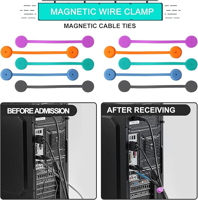 Kanemc Upgraded Magnetic Cable Holder, Silicone Cord Ties Bread Twist Ties Magnetic Cord Fasteners Cable Management Clips (10Pcs-Multicolor)