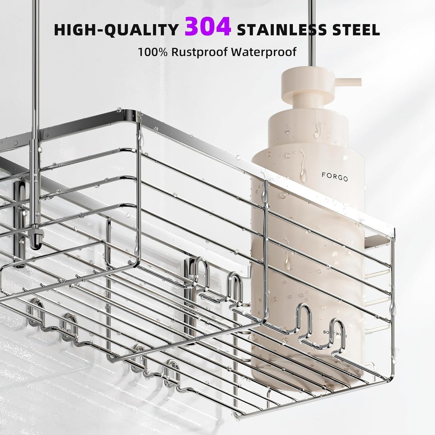 SHANSHUI Shower Hanging Caddy, Bathroom Shower Organizer Basket, Shampoo Bracket, Over Door Showers Rack with Hooks, 304 Stainless Steel Rustproof