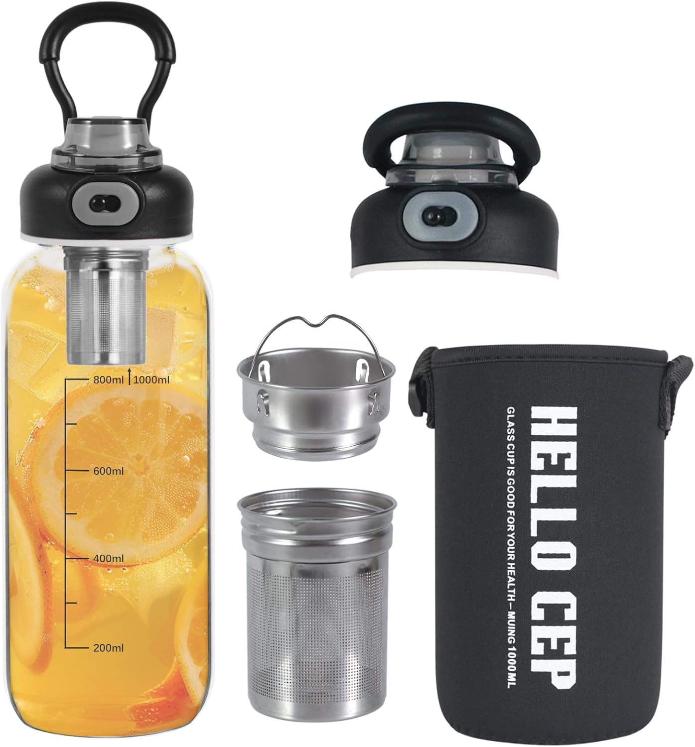 34oz Glass Water Bottle with capacity Mark & Stainless Steel Tea Strainer-Large Capacity for Hot/Cold Drinks,Coffee,Tea,and Water-Includes Protective Sleeve,Perfect for Home,Office (34oz)