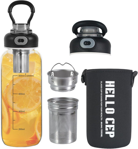 34oz Glass Water Bottle with capacity Mark & Stainless Steel Tea Strainer-Large Capacity for Hot/Cold Drinks,Coffee,Tea,and Water-Includes Protective Sleeve,Perfect for Home,Office (34oz)