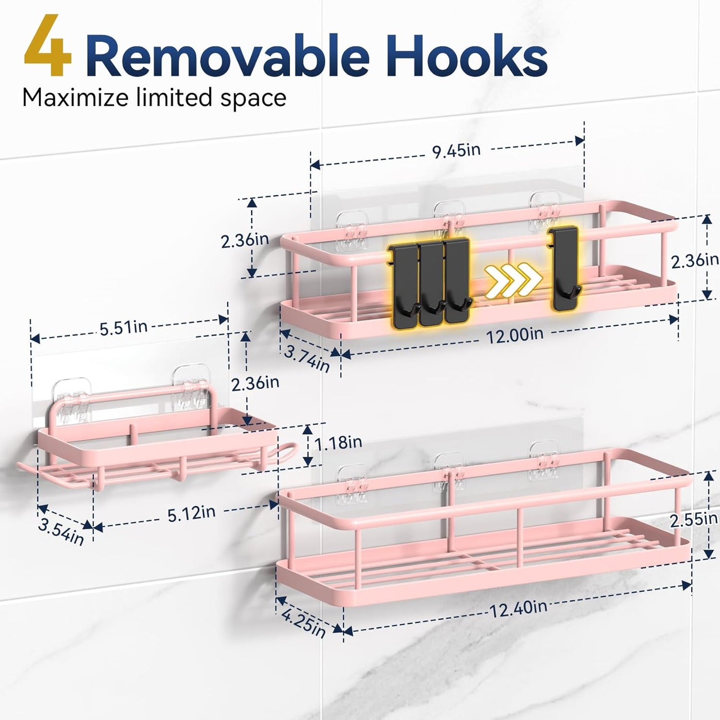 YASONIC Shower Caddy Adhesive, No Drill Bathroom shower Organizers, with Removable Hooks and Soap Holder, Rust Proof Shower Shelves, Wall-Mounted Shower Holder, 3 Pack, Pink