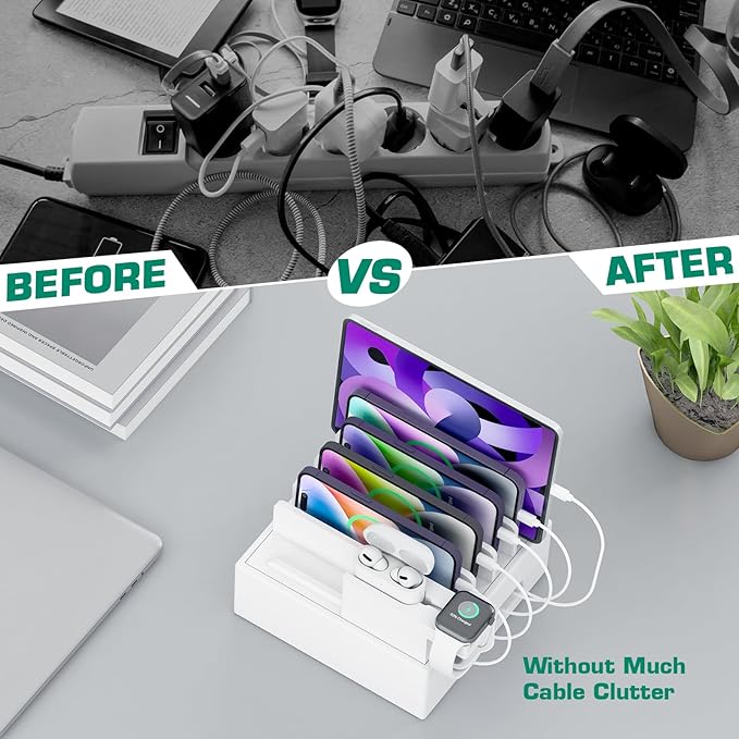 Bamboo Charging Station for Multiple Devices - Darfoo Family Charging Station with 7 USB Ports and 1 Stand for Watch-Earbud, 7 Short Charging Cables, White