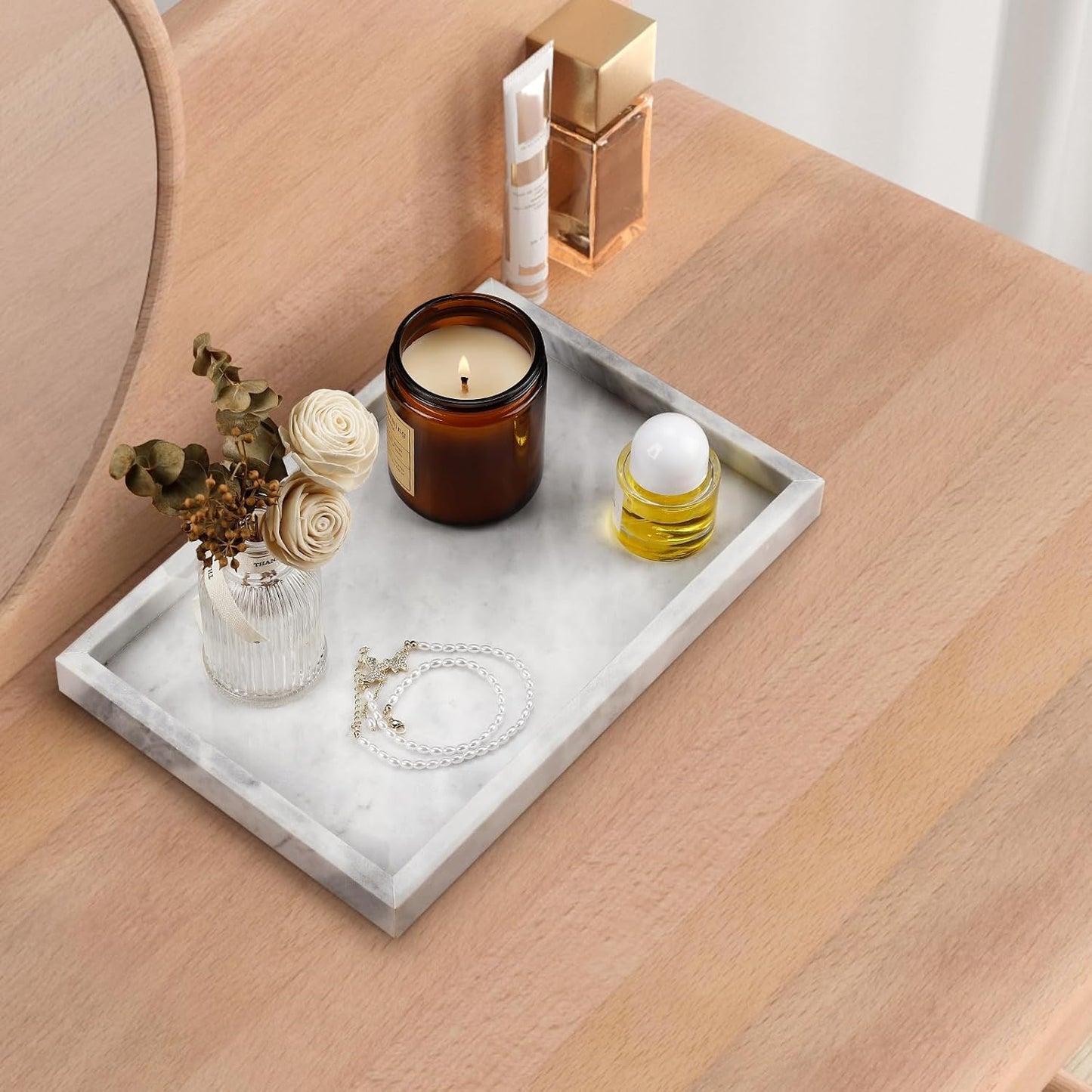 Real Natural Marble Tray for Bathroom, Vanity, Kitchen and Desktop, Rectangle Genuine Marble Stone Tray for Jewelry, Cosmetics, Candles, Lotion, Perfume and Home Decor
