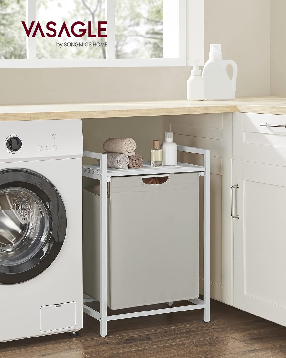 VASAGLE Laundry Hamper, Laundry Basket, Laundry Sorter with A Pull-Out and Removable Bag, Shelf, Metal Frame, 17.2 Gallons (65 L), 19.7 x 13 x 28.4 Inches, Cream White and Cloud White UBLH101W01