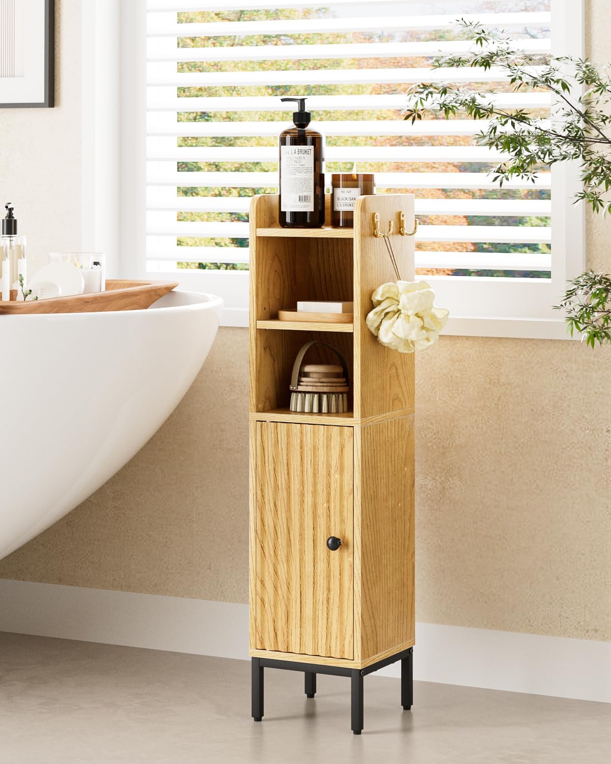 Bathroom Storage Cabinet, Small Corner Floor Hutch with Door and Shelves, Narrow Toilet Paper Cabinet, Bathroom Organizer with Adjustable Shelf, for Toile、Small Spaces