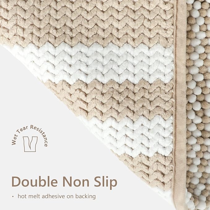Tindbea Bathroom Rugs Set 2 Piece, Extra Soft and Absorbent Fluffy Striped Chenille Bath Mat Rug Set, Non Slip Bathroom Floor Mat, Machine Washable (20" x 32" Plus 20" x 32", Khaki)