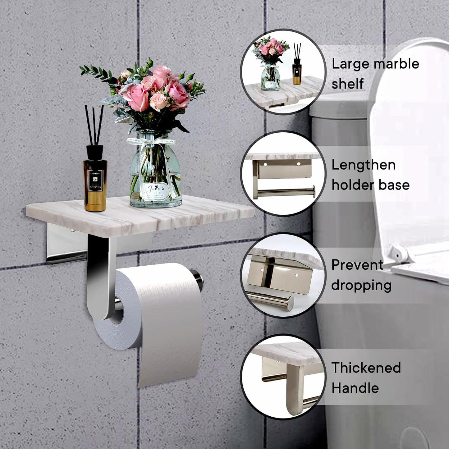 Toilet Paper Holder with Natural Marble Shelf for Bathroom Washroom,Wall Mounted Tissue Holder Suitable for Mega Roll (Brushed Nickel, Middle 7.87 * 4.72 in)