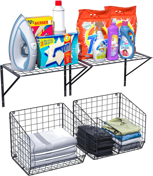4 Pack Laundry Room Shelves Wall Mounted with Wire Baskets, Laundry Room Organizer and Storage, Over The Washer and Dryer Wire Shelf with 2 Removable dividers and 8 S-Shaped Hooks