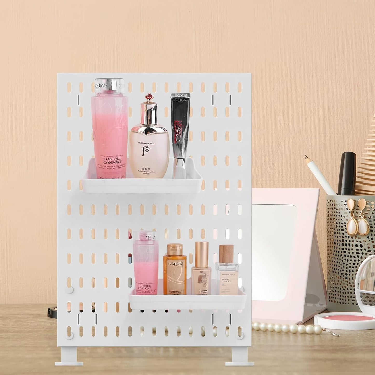 Desk Pegboard Combination Kit,Desk Organizer for Home Office,Plastic Peg Board with 7 Accessories Hooks Shelf Baskets, 16.5" x 11.8"