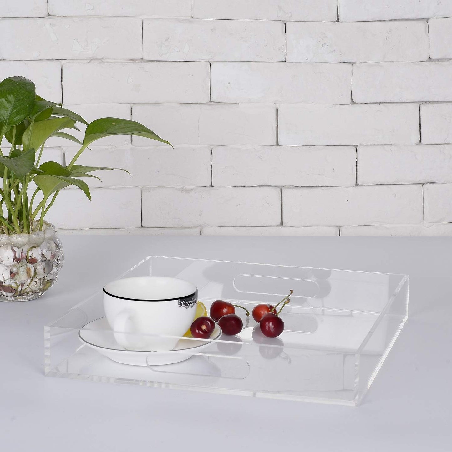 Clear Sturdy Acrylic Serving Tray with Handles - 12x12Inch - Coffee, Appetizer, Breakfast, Butler Tray - Kitchen Countertop & Makeup Drawer Organizer
