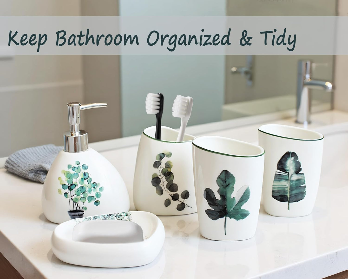 5 Piece Ceramic Bathroom Accessory Set with Botanical Pattern, Includes Soap Dispenser, Toothbrush Holder, Soap Dish & 2 Mouthwash Cups, Modern Elegant Countertop Decor for Bathroom Vanity