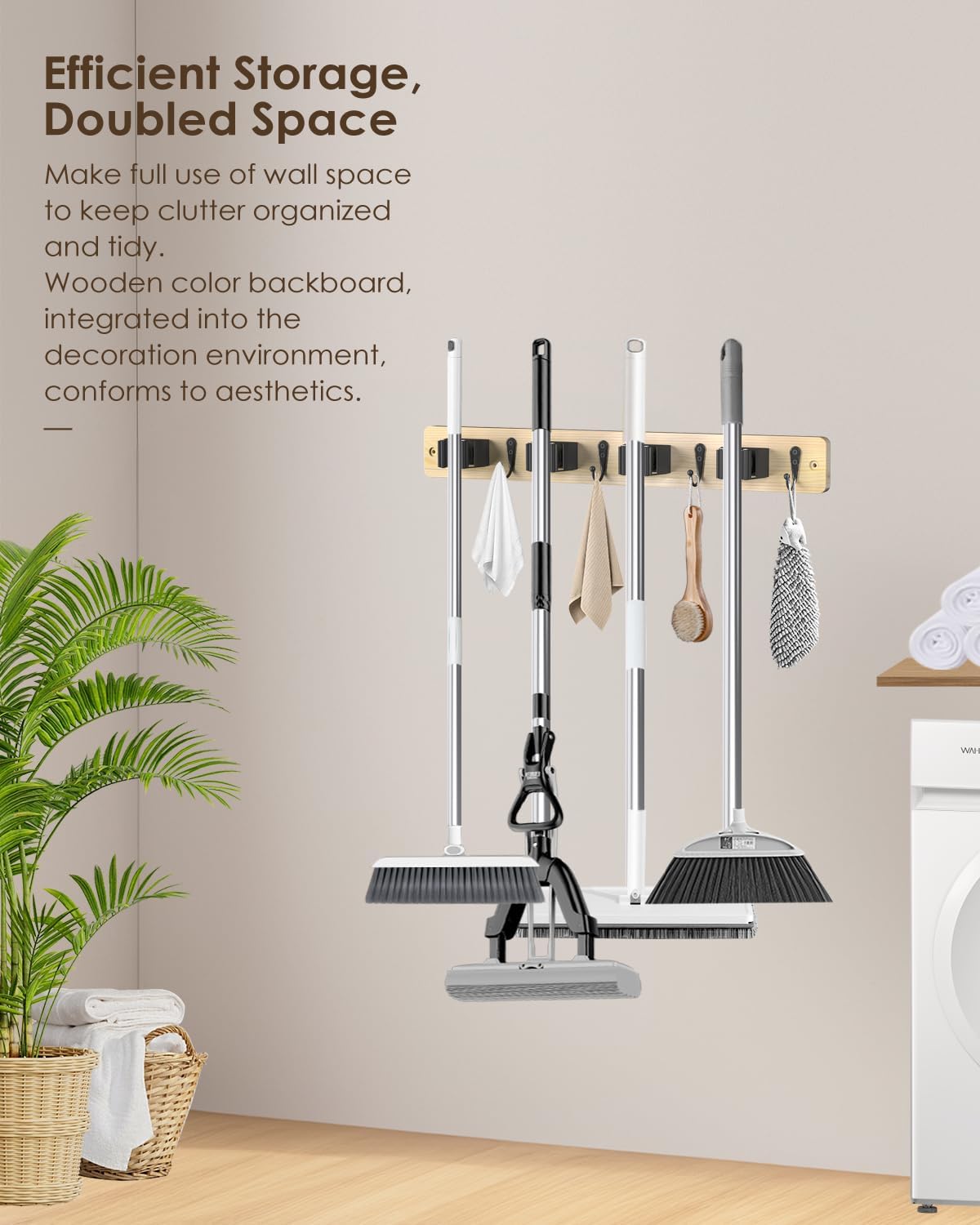 Broom Holder Wall Mounted, Light Wood 4 Holders and 4 Hooks Mop Holder, Wooden Mop and Broom Holder with Anti slip rubber, Natural pine wood Brush Holder, Mop Wall Holde with Nail installation