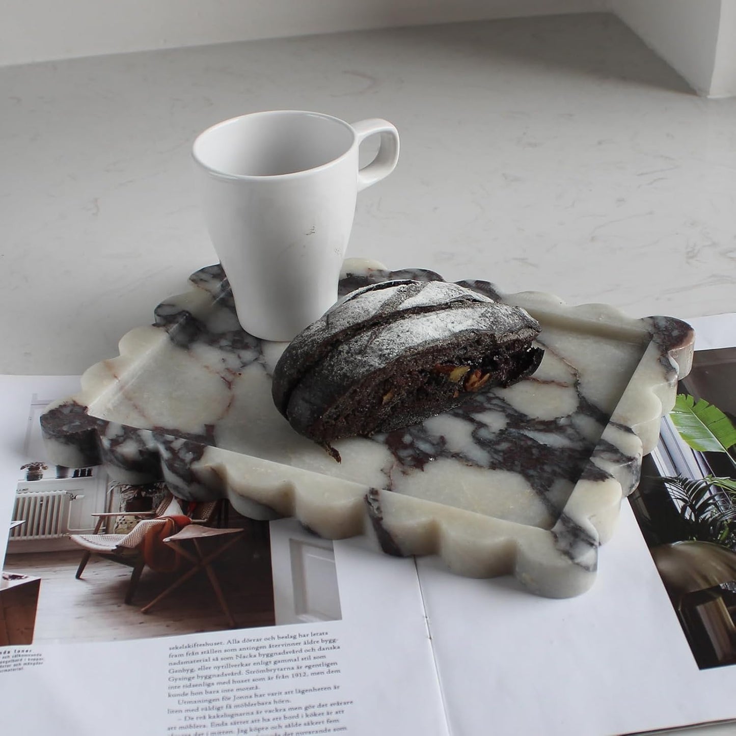 Natural Luxury Scalloped Marble Tray 10.8"x8", Rectangle Vanity Tray for Bathroom Kitchen Counter, Decorative Tray for Dresser Home Decor - Calacatta Purple