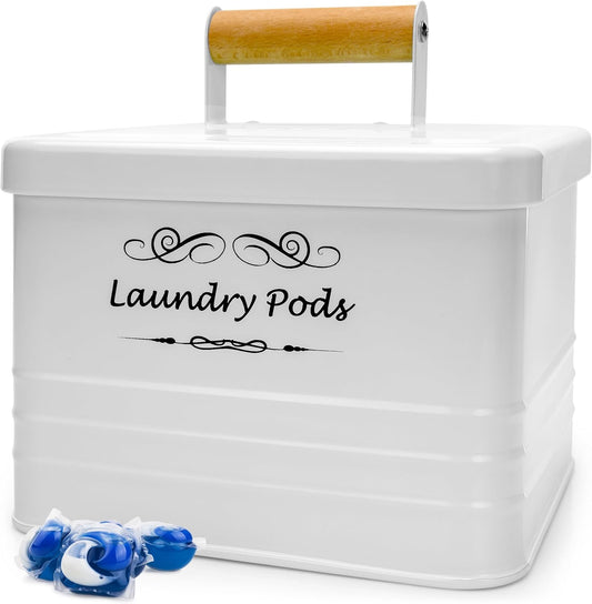 ELITAPRO Laundry Pods container Modern Farmhouse Laundry Pods Holder Metal Box Dispenser with Lid Laundry Room Decor and Accessories