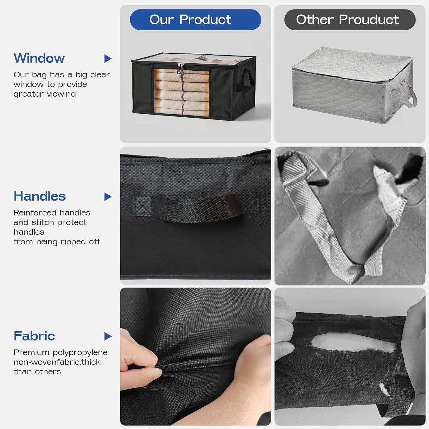 Clothes Storage Bags, Foldable Thick Fabric Blanket Storage Bags, Large Clear Window & Carry Handles, Great for Clothes, Blankets, Closets, Pillows, Toys (Black, 6PACK)